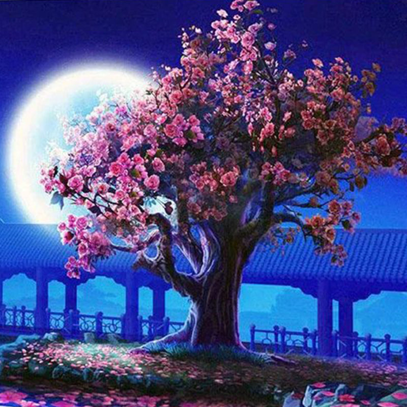 Cherry Blossoms Tree By Moonlight | Diamond Painting