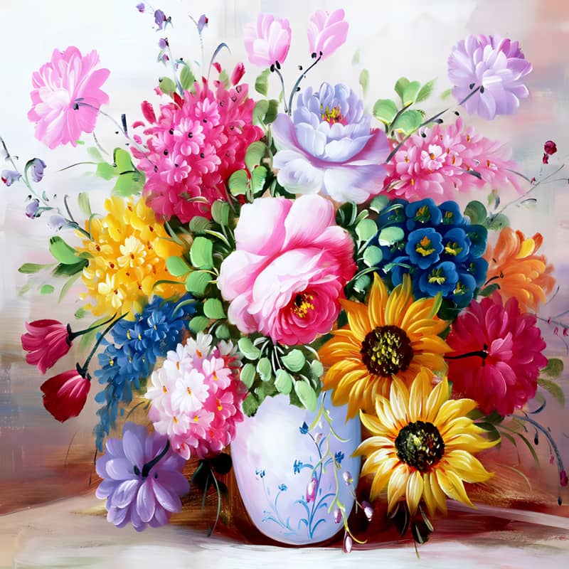 Multi Color Flowers In Vase | Diamond Painting