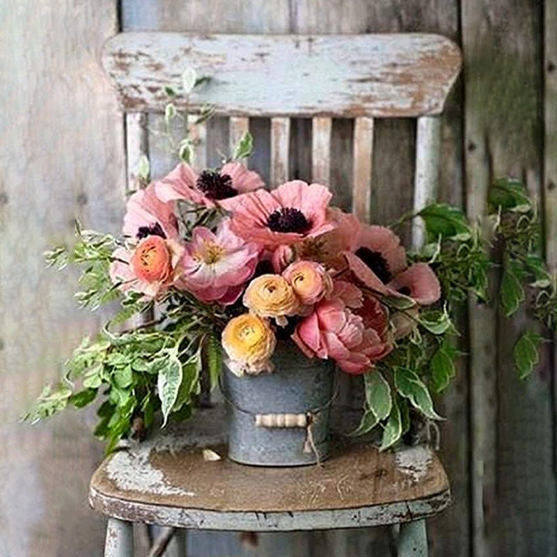 Pink Flowers In A Bucket | Diamond Painting