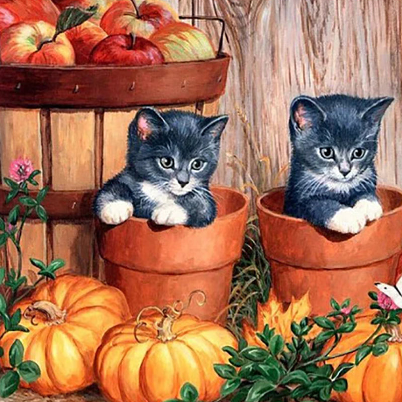 Two Kittens With Pumpkin | Diamond Painting