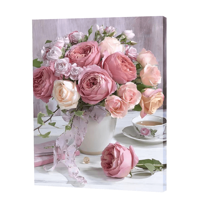 Peach Roses In A Vase | Diamond Painting