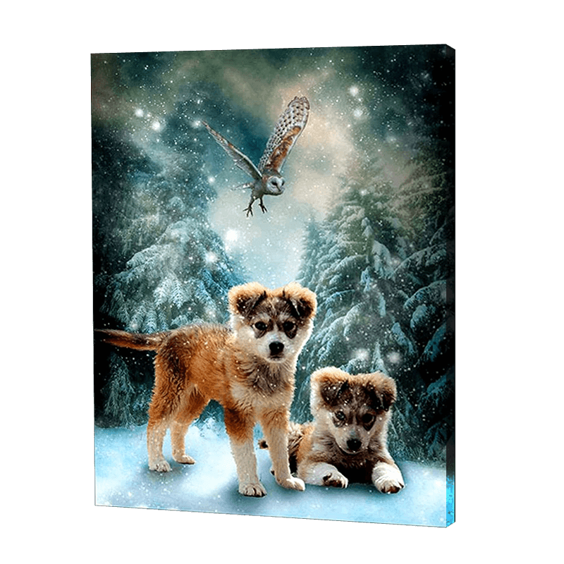 Puppies In A Snowy Night | Diamond Painting