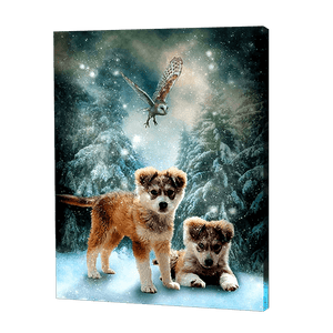 Puppies In A Snowy Night | Diamond Painting