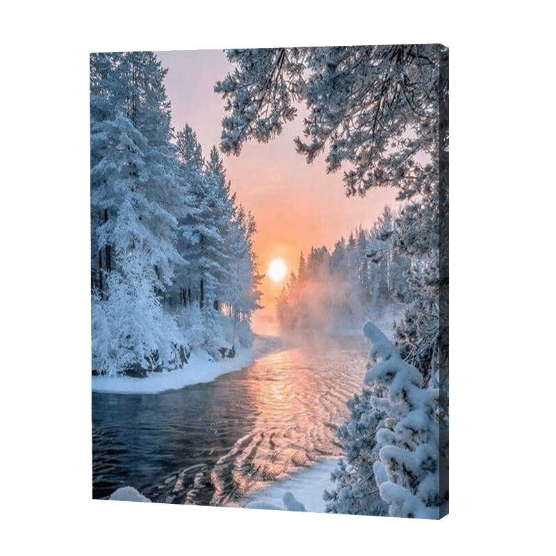 Snowy Trees Along The Lake | Diamond Painting