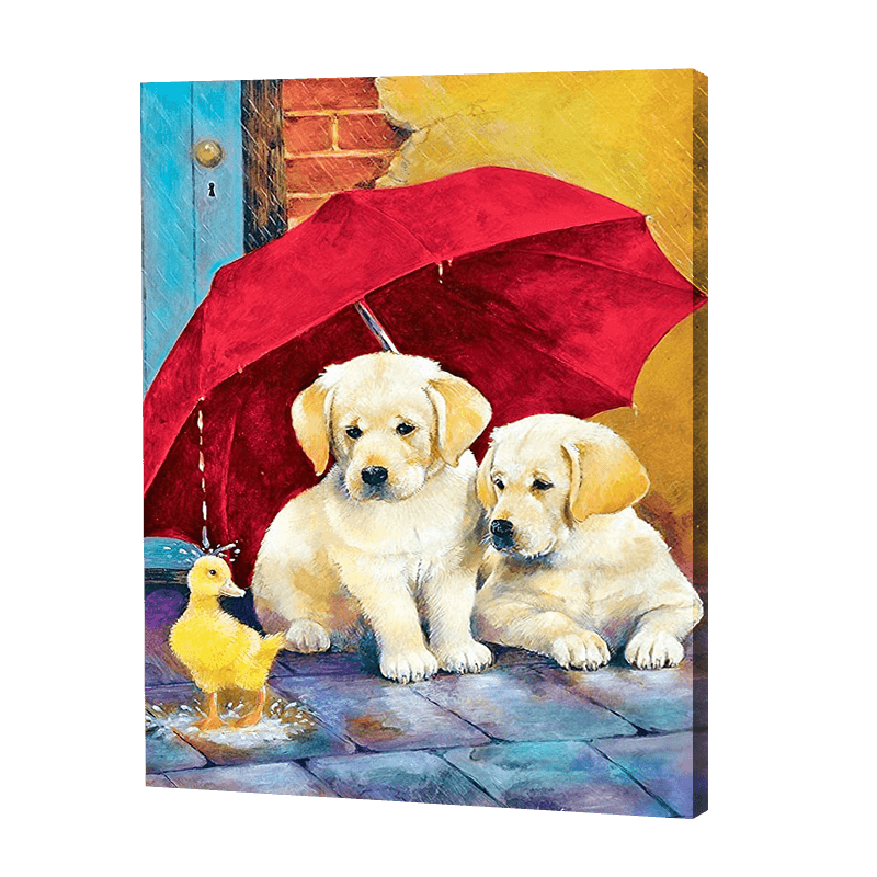 Two Puppies Under The Umberella | Diamond Painting